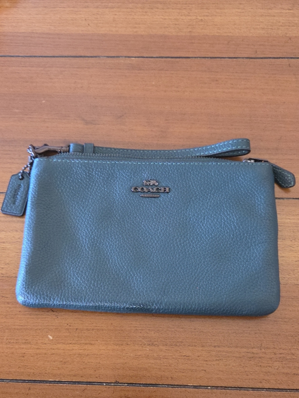 Coach Leather Wristlet in Teal Green with Silver Hardware